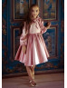 Long Sleeves Pink Satin Short Flower Girl Dress